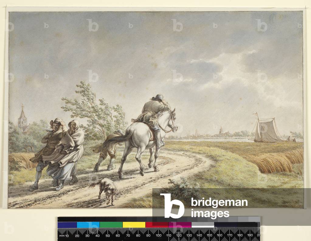 A windy day, 1794 (pen, brown ink, with w/c, traces of bodycolour, & a line of grey wash bordering it on all sides, on paper laid down on card)