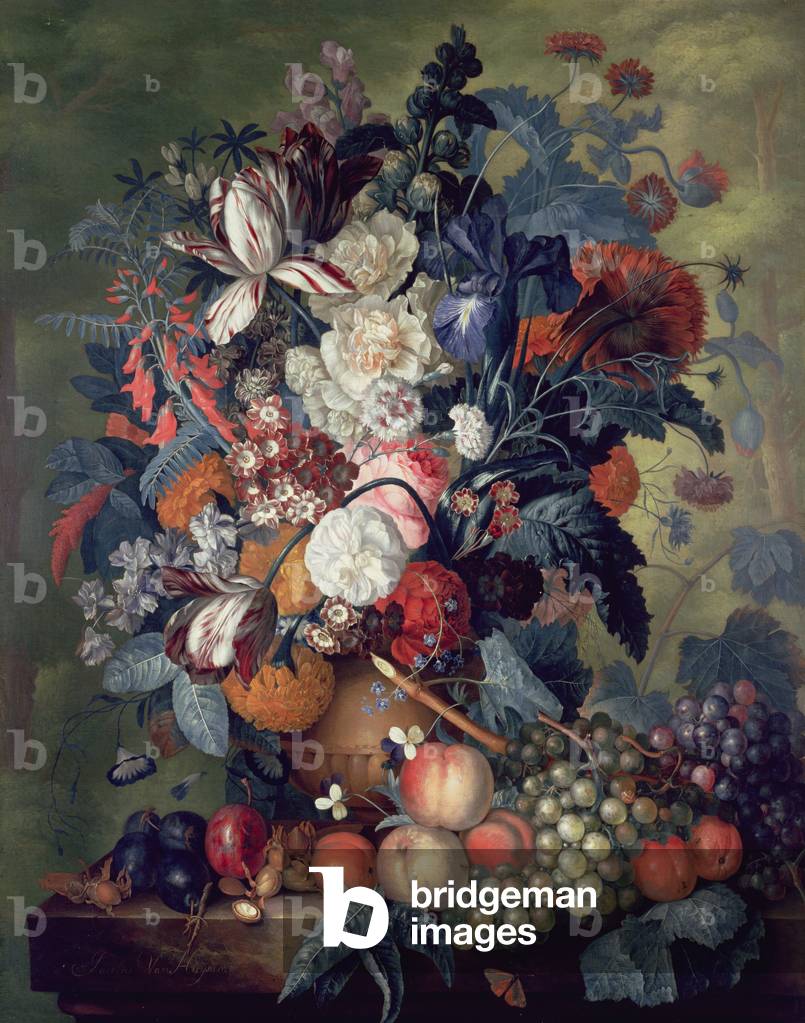 Bild von Gemälde "Eine Vase mit Blumen mit Früchten (Öl auf Leinwand)", 18. Jahrhundert von Jacob van Huysum