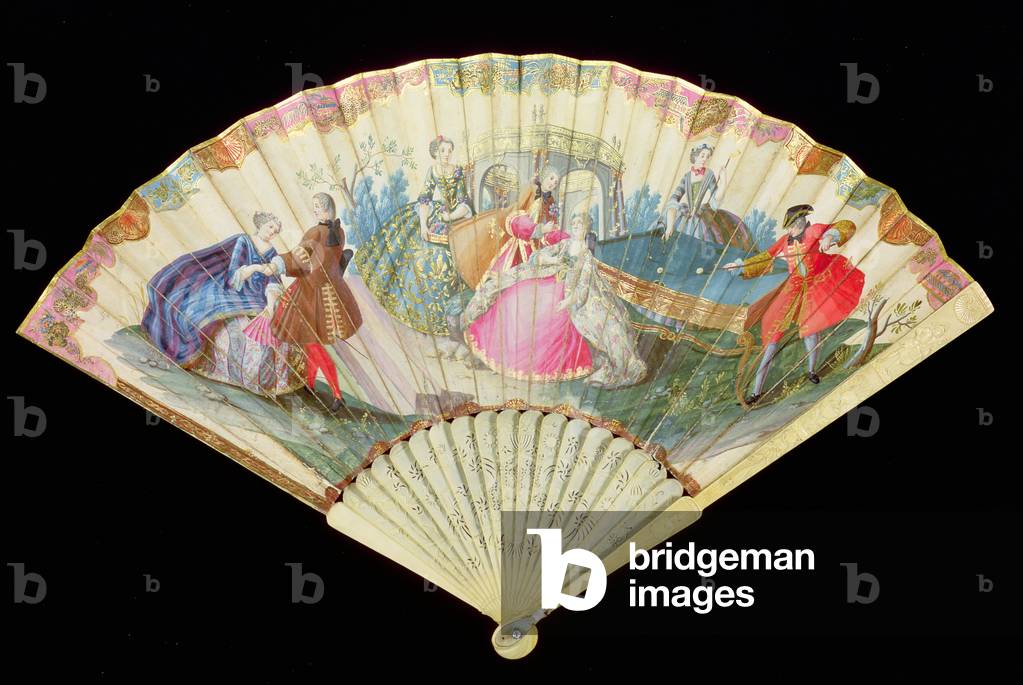 Billiards Fan, folding fan, possibly Venetian, paper painted in gouache and gilt with ivory sticks, c.1730