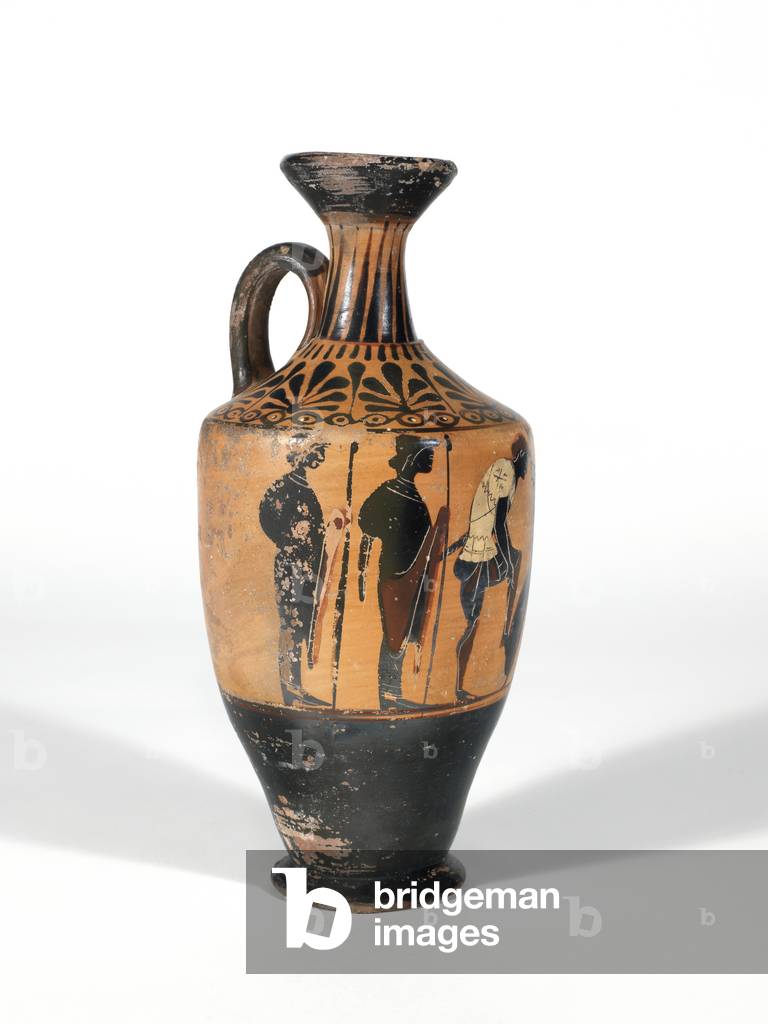 Lekythos depicting warriors arming for battle, 510-500 B.C. (clay, black-figured) [see 5938265]