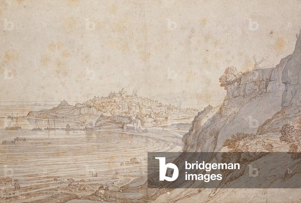 "Una veduta di Rye da Point Hill (inchiostro marrone e vernice grigia)", 17th Secolo di Jacob Esselens, b/w