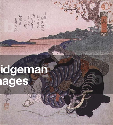 P.472-1937 Mother and baby resting with an ox by Utagawa Kunimaru (1794-1830), pub. 1829, (colour woodblock print)