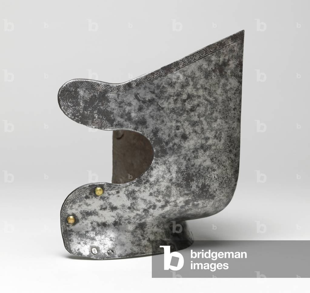 Reinforcing bevor, for use in the tourney, with etched decoration, 1550-1560 (steel, hammered, shaped, riveted, with etched decoration on a blackened ground)