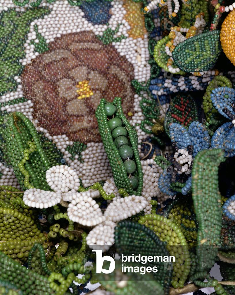 Pea-pod, life-size detail from a Beadwork Basket, English, 17th century (glass beads on metal threads) (see also 59129)