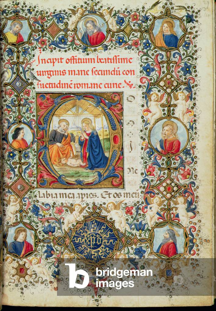 Ms 154 f.14r Adorazione del Cristo Bambino, da libro d'ore, italiano, sec. XV (manoscritto)