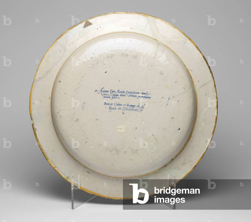 Reverse of dish depicting the 'Contest between the Muses and the Pierides', c.1545-50 (tin-glazed earthenware)
