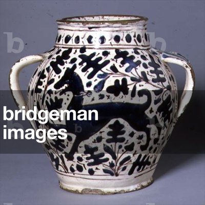 C.75-1961 Two-handled pharmacy jar, probably from the workshop of Giunta di Tugio, Florence, Italian, c.1427-31 (tin-glazed earthenware)