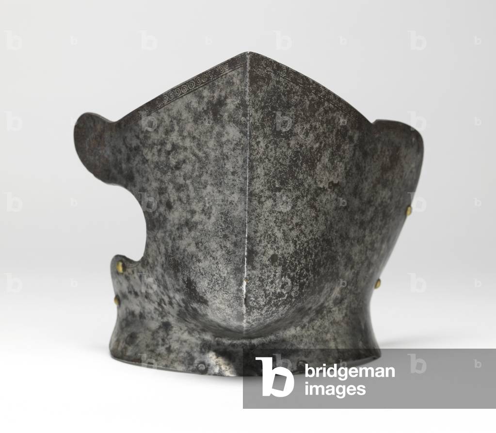 Reinforcing bevor, for use in the tourney, with etched decoration, 1550-60 (steel, hammered, shaped, riveted, with etched decoration on a blackened ground)