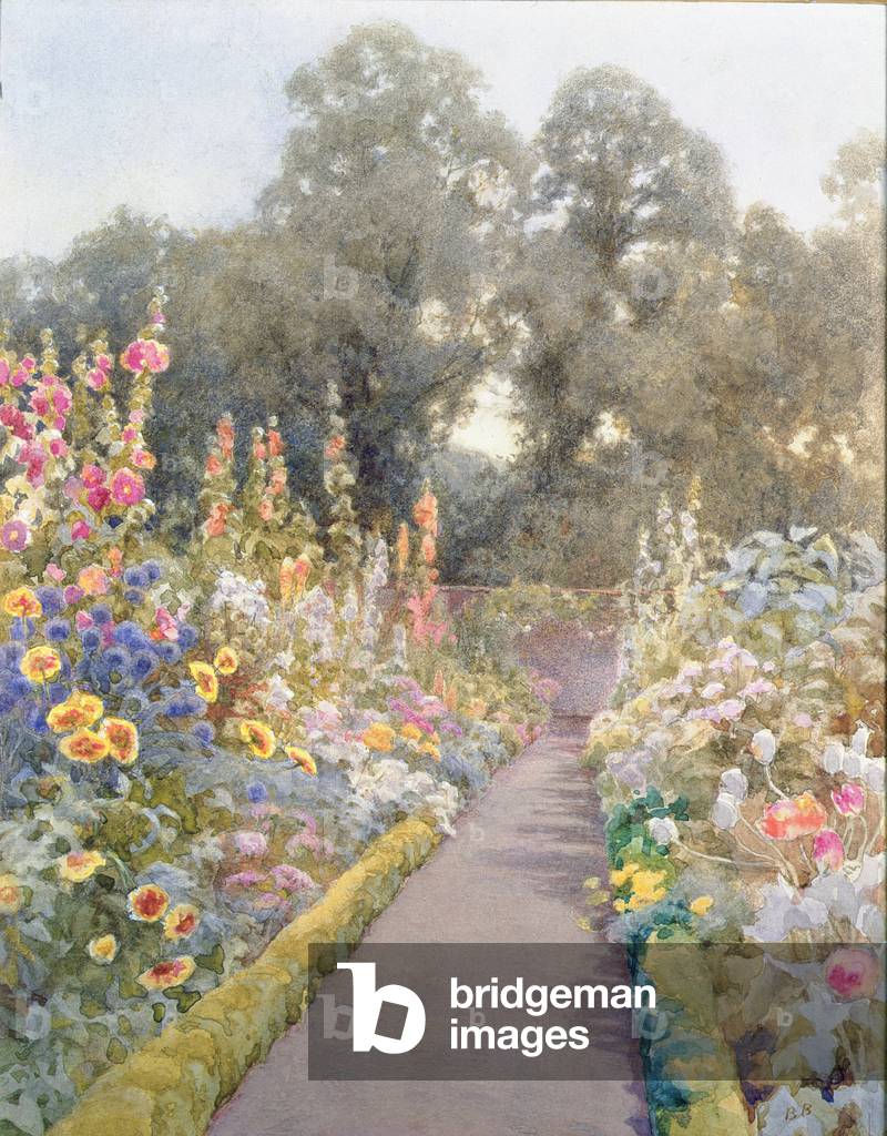 Giardino Sentiero con Hollyhocks e papaveri (w/c su carta)