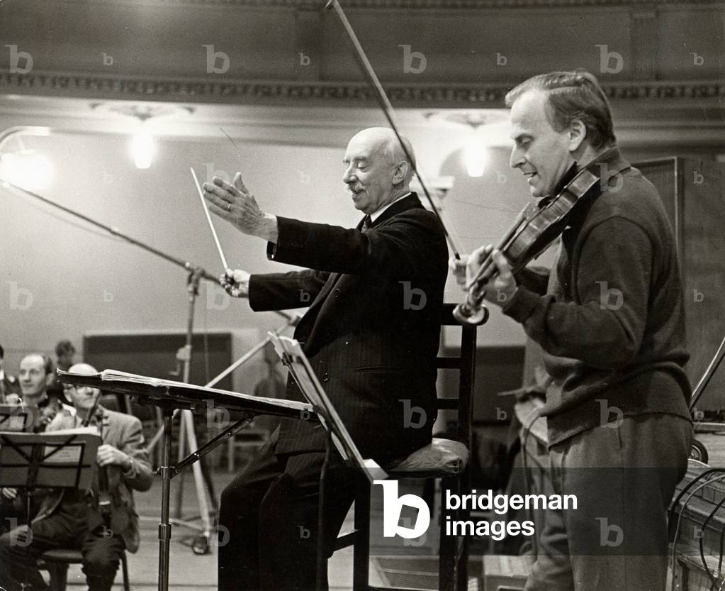 Yehudi Menuhin playing violin at EMI recording session, conducted by Sir Adrian Boult ( British Conductor, 1889-1983), c