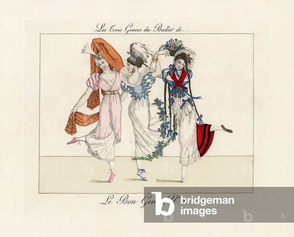 Three graces of the Ballet of**. Elegant ballet dancers in costume (one in turban and shawl, one with tambourine and dress decorated with flowers, and one with a basket and long plaits tied with ribbons). “” Each movement betrays a form: arms, shoulders, throat, legs, feet all are naked or appear so.”” Handcoloured engraving from Pierre de la Mesanger's Le Bon Genre, Paris, 1817.