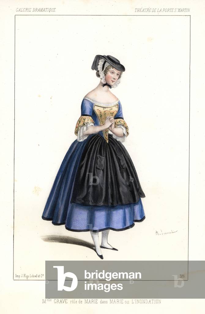 Miss Angelina Grave as Marie in Marie or the Flood by Anicet Bourgeois and Francis Cornu, Theatre de la Porte St. Martin, 1846. Handcoloured lithograph after an illustration by Alexandre Lacauchie from Victor Dollet's Galerie Dramatique: Costumes des Theatres de Paris, Paris, 1846.