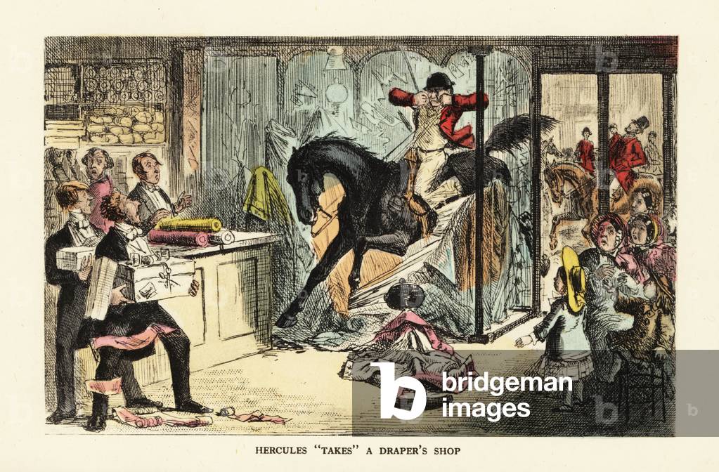Horse and drunk huntsman crashing through a shop window, 19th century