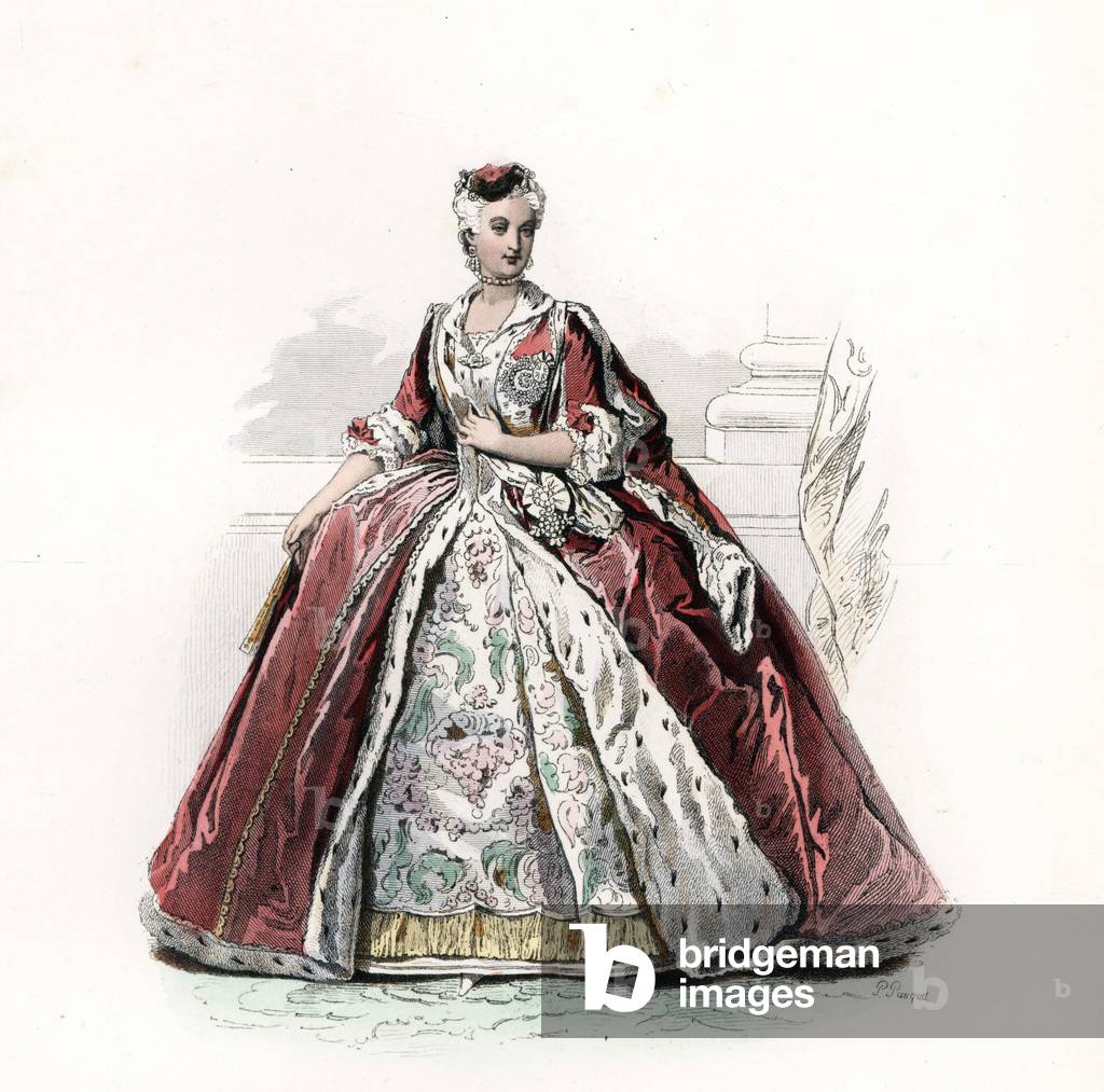 Mary Josepha of Austria (1699-1757), Queen of Poland - Maria Josepha, Queen of Poland, 18th century, after Louis de Silvestre. Handcoloured steel engraving by Polydor Pauquet from the Pauquet Brothers' “” Modes et Costumes Etrangers Anciens et Modernes” (Foreign Fashions and Costumes Ancient and Modern), Paris, 1865. Hippolyte (b. 1797) and Polydor Pauquet (b. 1799) ran a successful publishing house in Paris in the 19th century, specializing in illustrated books on costume, birds, butterflies, anatomy and natural history.