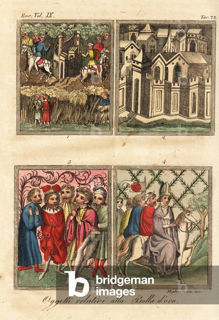 Miniatures from the Golden Bull, 1365 (handcoloured copperplate engraving)