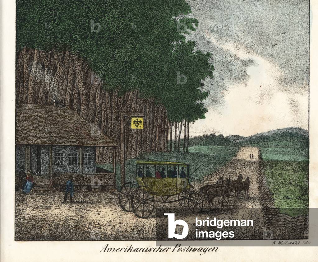 An American post office and a diligence. Lithography for the book: “” Galerie complete en tableaux fideles des peuples d'Amérique et d'Australie”” by Friedrich Wilhelm Goedsche (1785-1863), Meissen edition (Germany), 1835-1840. American post service with carriage and four horses driving away from a post office. Handcoloured lithograph from Friedrich Wilhelm Goedsche's “” Vollstaendige Voelkergallerie in getreuen Abbildungen”” (Complete Gallery of Peoples in True Pictures), Meissen, circa 1835-1840.
