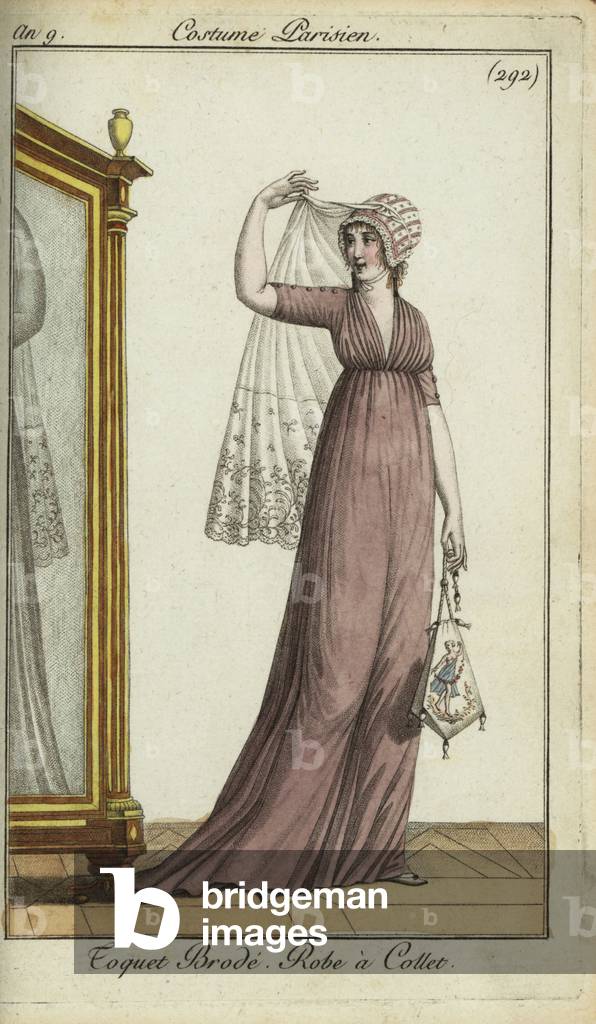 Fashionable woman in embroidered toquet hat, 1801 (handcoloured copperplate engraving)