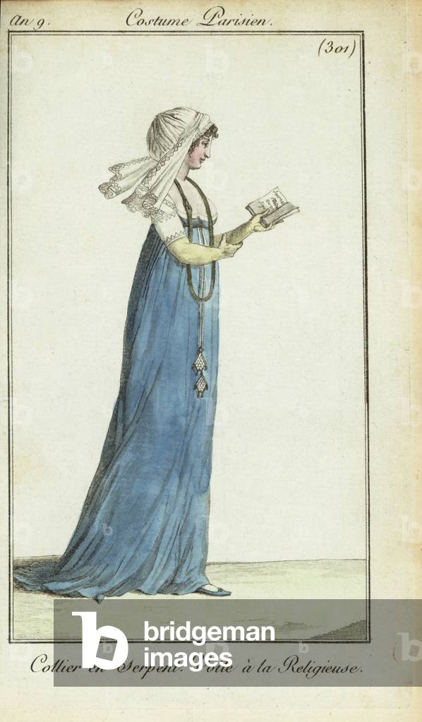 Woman in nun's veil reading a fashion magazine, 1801 (handcoloured copperplate engraving)
