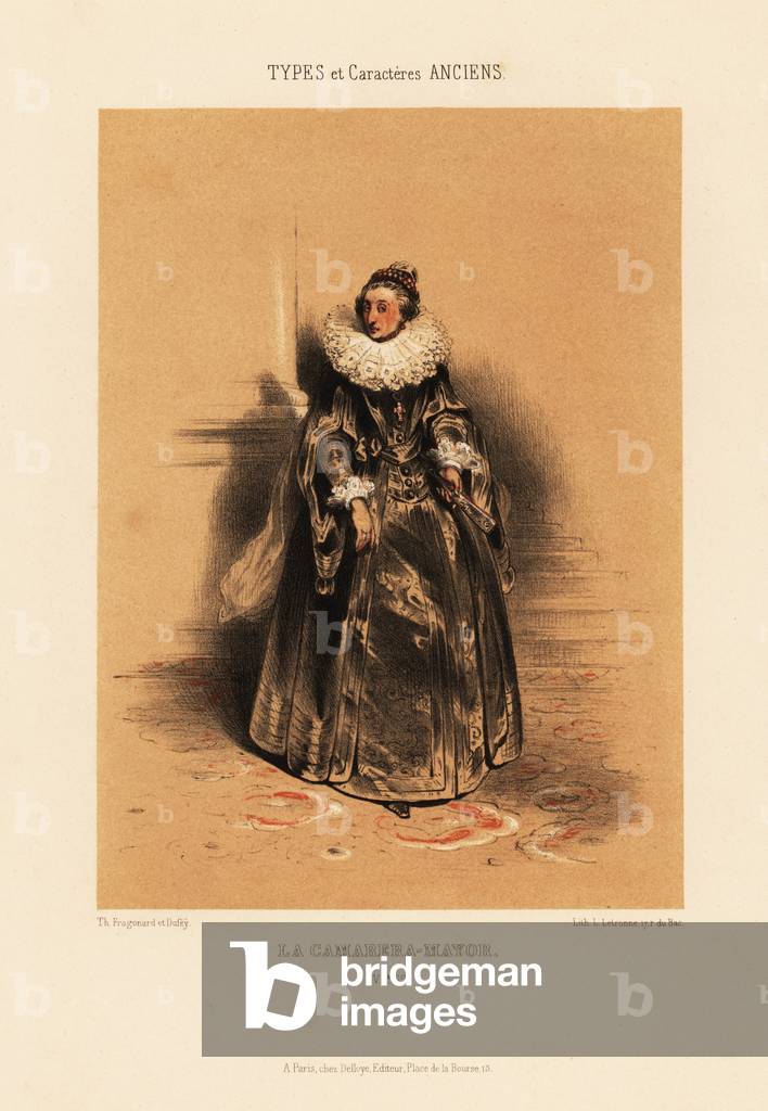 La Camarera-Mayor, First Lady of the Bedchamber, Royal Household of Spain, 17th century. Lady in huge lace ruff collar, veil, luxurious robe, holding a fan. Chromolithograph by Louis Rene Letronne after an illustration by Th. Fragonard et Dufey from Le Keepsake Francais with 12 plates from A. Mazuy’s Types et Caracteres Anciens, d’apres des Documents Peints ou Ecrits, chez Delloye, Paris, 1841.