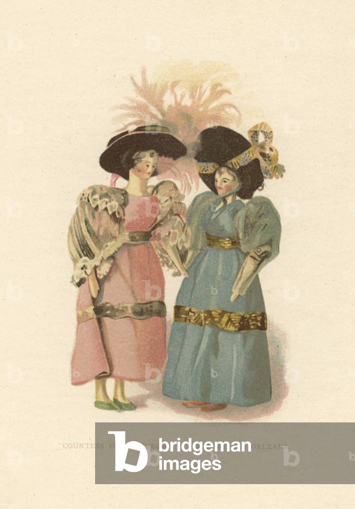 Dolls of courtiers Philippa Countess of Jedburgh and Duchess of Orleans in tea-tray hats. Wooden dolls dressed by the young Princess Victoria. Color plate after an illustration by Alan Wright from Frances H. Low’s Queen Victoria’s Dolls, George Newness, London, 1894.