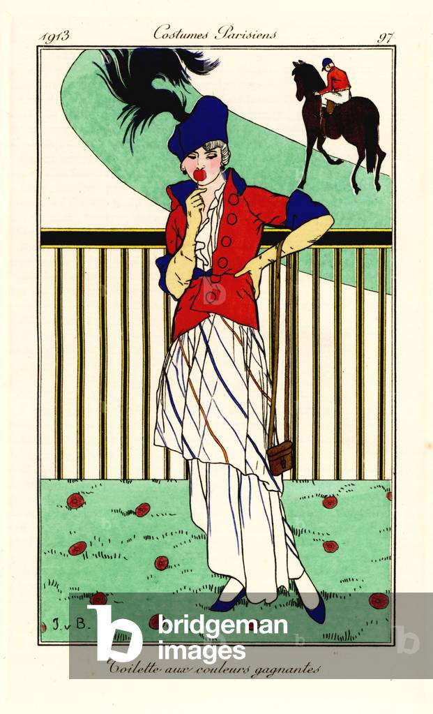 Woman in outfit for the racetrack in winning colours, 1913 (stencil)