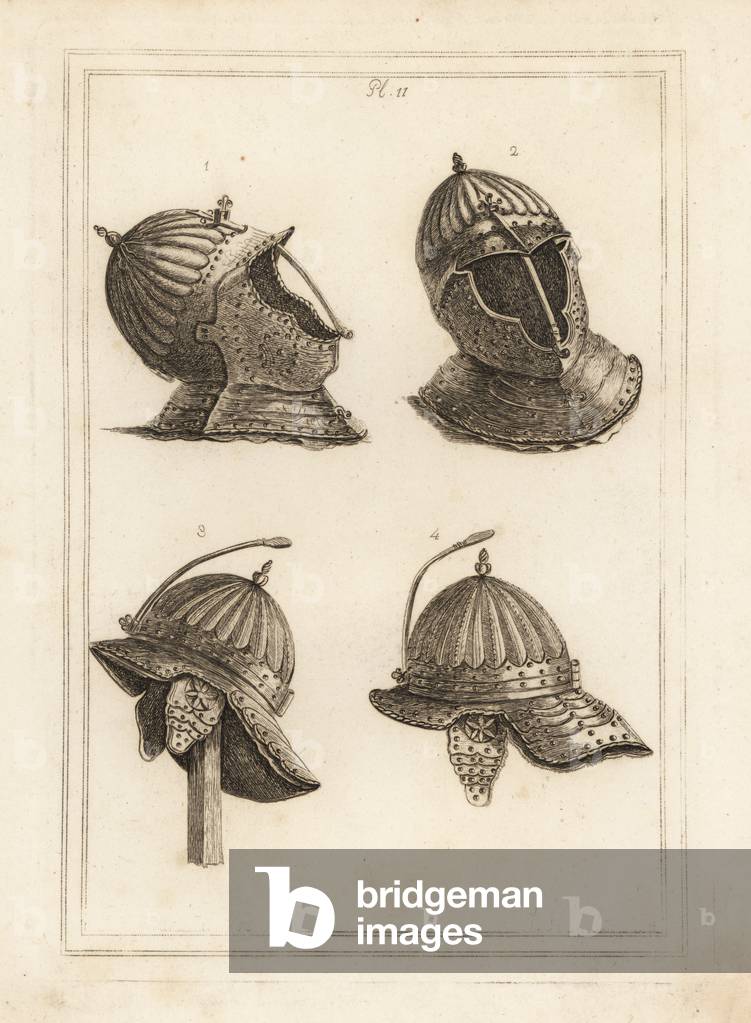 Bar helmet 1,2, and Duke of Monmouth's helmet with a spring to support a panache