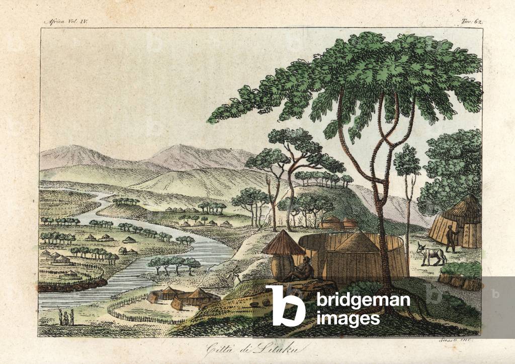 The city of Lataku (Kuruman), South Africa. Handcoloured copperplate engraving by Antonio Sasso from Giulio Ferrario's Ancient and Modern Costumes of all the Peoples of the World, 1843.