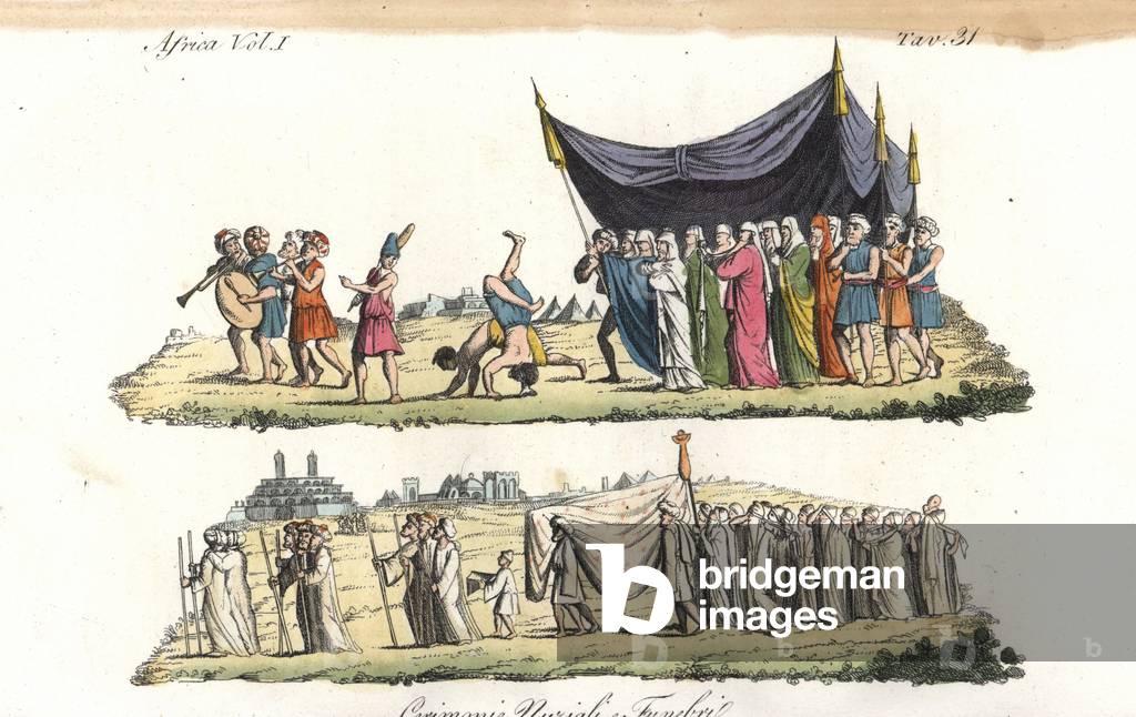 Egyptian wedding and funeral rites, 18th century. A wedding party under a huge canopy follows a group of musicians and acrobats. Below, a dead body is carried under a winding cloth and followed by a band of mourners. Handcoloured copperplate engraving by Andrea Bernieri from Giulio Ferrario's Costumes Antique and Modern of All Peoples (Il Costume Antico e Moderno di Tutti i i Popoli), 1843.