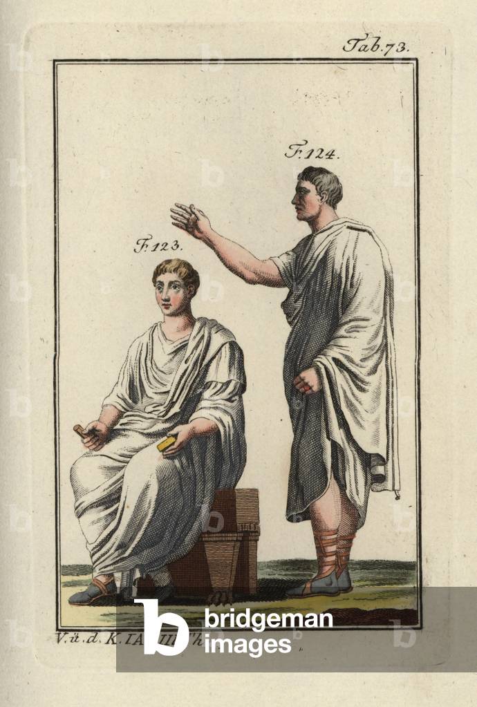 Emperor Augustus (seated) (Augustus or Gaius Julius Caesar Octavianus) (63 BC-14 AD) and Roman nobleman in togas. Handcolored copperplate engraving from Robert von Spalart's “” Historical Picture of the Costumes of the Principal People of Antiquity and of the Middle Ages”” (1798).