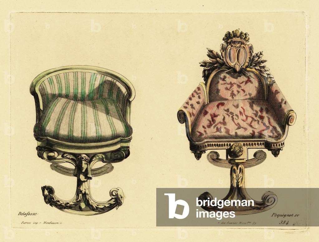 Drawing room armchairs in carved wood and rich fabrics in the Louis XVI style