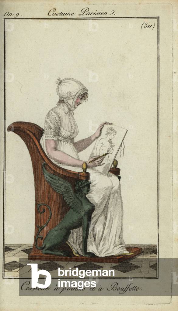 Fashionable woman in cornett hat at an art class, 1801 (handcoloured copperplate engraving)