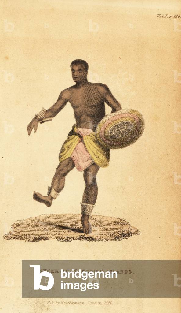 Dancing native man of Hawaii (Sandwich Islands) with shield, anklets, bracelets and tattoos. Handcoloured stip