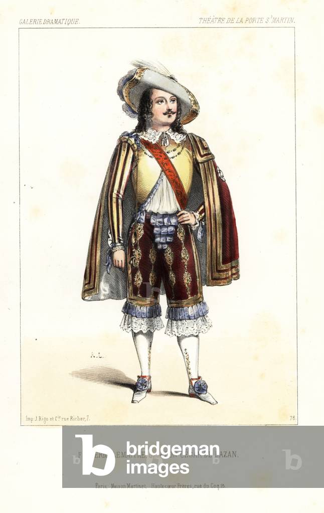 English actor Frederic Lemaitre in Don Cesar de Bazan by Dumanoir and Adolphe d'Ennery, Theatre de la Porte St. Martin, 1844. Handcoloured lithograph after an illustration by Alexandre Lacauchie from Victor Dollet's Galerie Dramatique: Costumes des Theatres de Paris, Paris, 1845.