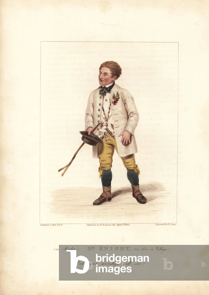 Mr. Edward Knight as Hodge in the opera “Love in a Village” at the Theatre Royal Drury Lane. Handcoloured stipple copperplate engraving by Robert Cooper after a painting by George Clint. From D. Terry's “” British Theatrical Gallery,” London, Henry Berthoud Jr., 1825.