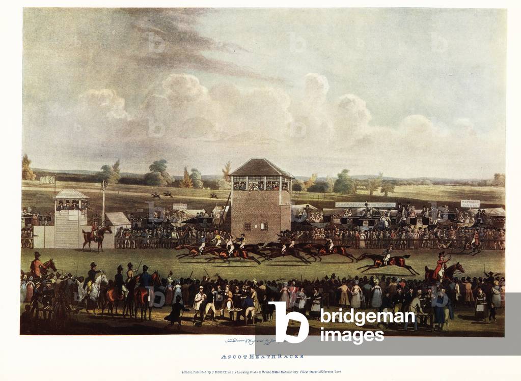 Horses and jockeys racing at Ascot Heath in front of fashionable crowds. Thoroughbred race at the Ascot racecourse, Berkshire, circa 1830. Gentlemen betting, women watching from carriages, Waterloo Tavern tents selling beverages. Color print after an engraved  illustration by James Pollard in Ralph Nevill’s Old Sporting Prints, The Connoisseur Magazine, London, 1908.
