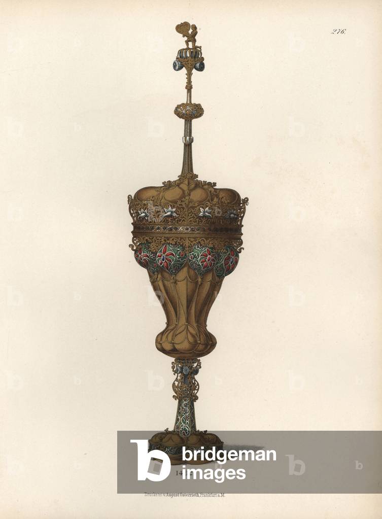 Vermeil cup and email, 1462, from Vienna (Austria) -Chromolithography, drawing by Jakob Heinrich von Hefner-Alteneck (1811-1903), for his book “Costumes, crafts and instruments from the Middle Ages at the end of the 18th century”, published by Heinrich Keller, Frankfurt, 1883