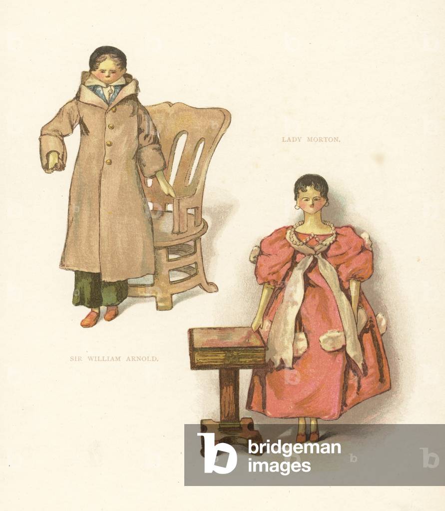 Dolls representing courtiers Sir William Arnold and Lady Nina Morton with toy chair and table. Wooden dolls dressed by the young Princess Victoria. Color plate after an illustration by Alan Wright from Frances H. Low’s Queen Victoria’s Dolls, George Newness, London, 1894.