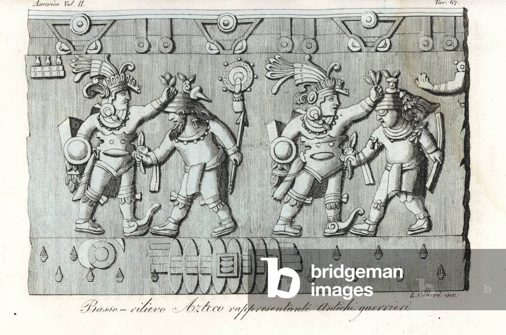 Aztec bas-relief depicting ancient warriors. Handcoloured copperplate engraving by Luigi Giarre from Giulio Ferrario's Ancient and Modern Costumes of all the Peoples of the World, 1843.