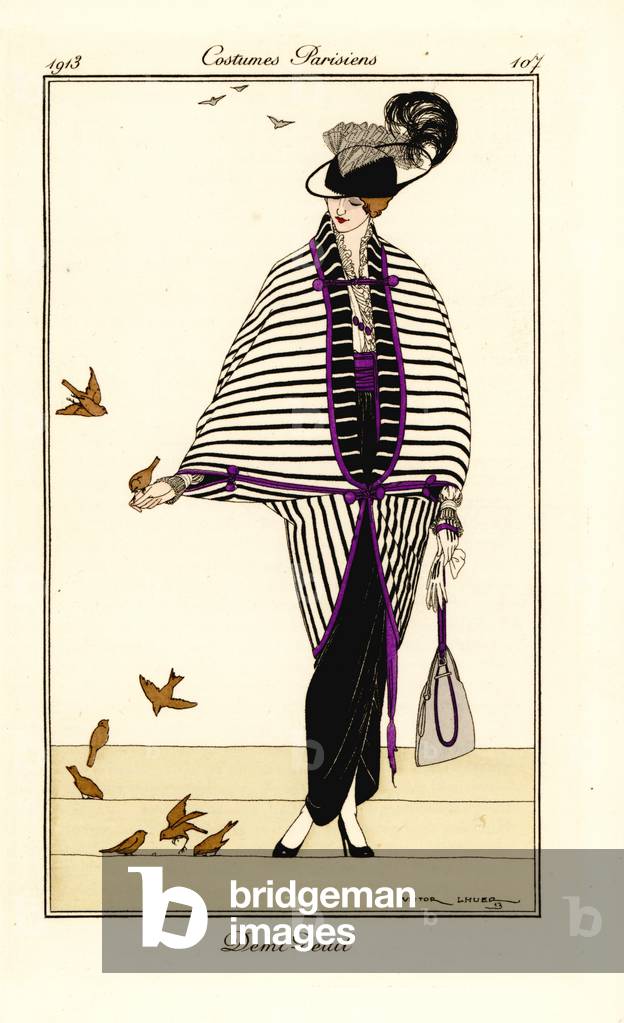 Woman in half-mourning outfit of cape and gown, 1913.