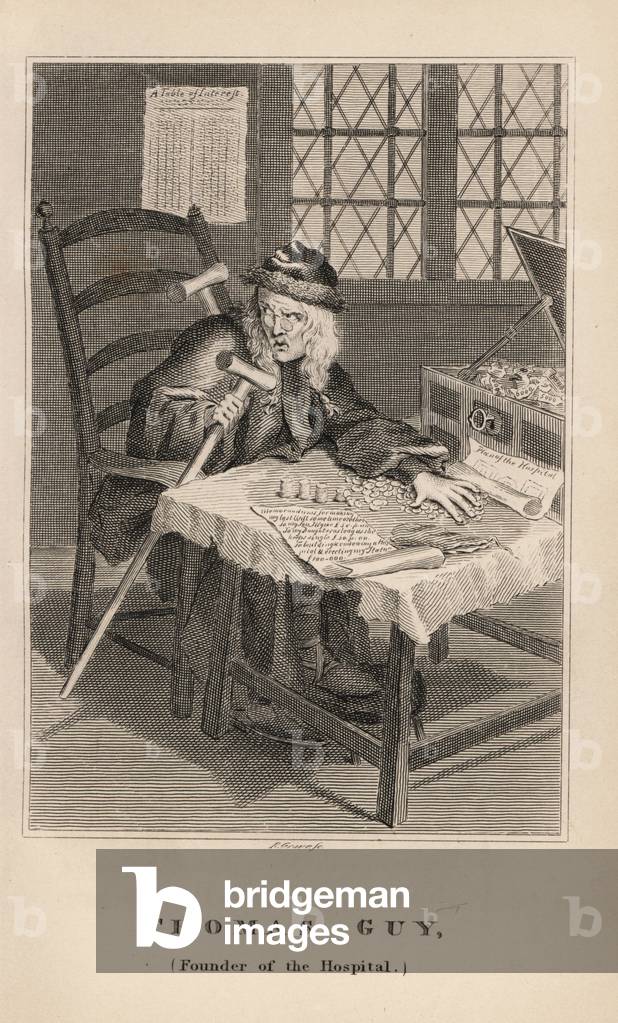 Thomas Guy, notorious miser and founder of Guy's Hospital, London, died 1724. Engraving by R. Grave from James Caulfield's Portraits, Memoirs and Characters of Remarkable Persons, London, 1819.