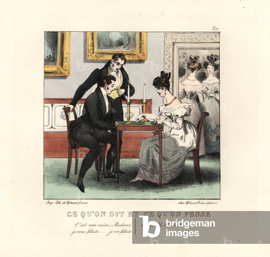 Gentlemen and lady playing cards in a parlour, while others dance in the next room. He says, you've hit a lucky one. I congratulate you Madame! He thinks, The devil take you! Handcoloured lithograph by the Gihaut brothers after an illustration by Swiss artist Jean Gabriel Scheffer from Petites Scenes du Monde, Ce que que on dit et ce que que on think, Gihaut Freres, Paris, 1829.