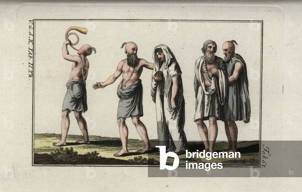 Indian men accompanying a widow to a funeral pyre (sati). Handcolored copperplate engraving from Robert von Spalart's “” Historical Picture of the Costumes of the Principal People of Antiquity and of the Middle Ages”” (1797).