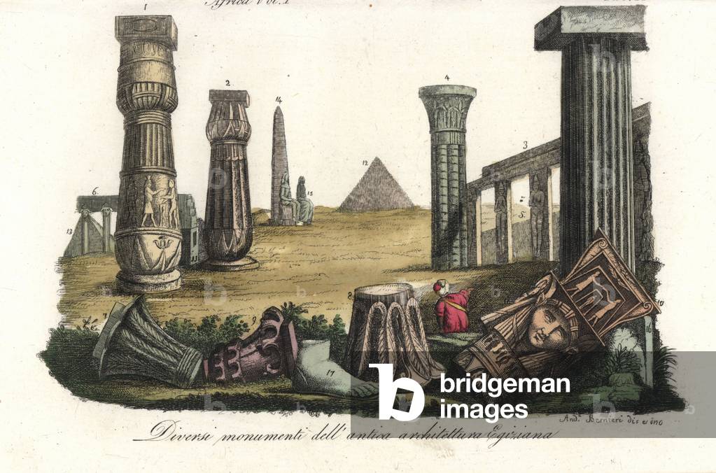 Egyptian architecture: columns, plinths, pyramids and obelisks. Handcoloured copperplate engraving by Andrea Bernieri from Giulio Ferrario's Costumes Antique and Modern of All Peoples (Il Costume Antico e Moderno di Tutti i i Popoli), 1843.