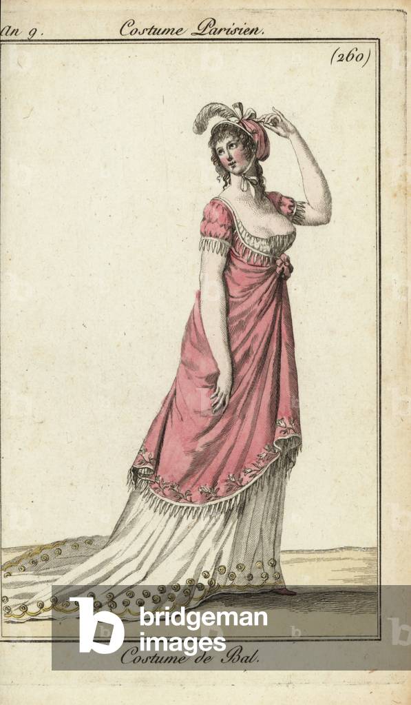 Fashionable woman in a luxury ball gown, Paris, 1800 (handcoloured copperplate engraving)