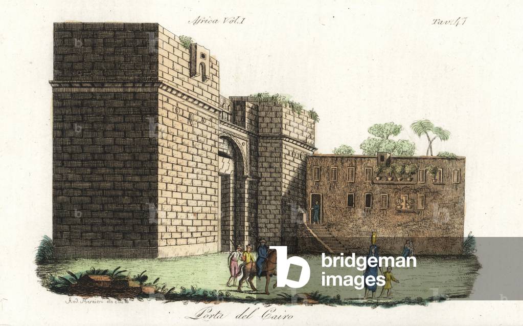 The gate of Cairo, Egypt, 1820s. Handcoloured copperplate engraving by Andrea Bernieri from Giulio Ferrario's Costumes Antique and Modern of All Peoples (Il Costume Antico e Moderno di Tutti i i Popoli), 1843.