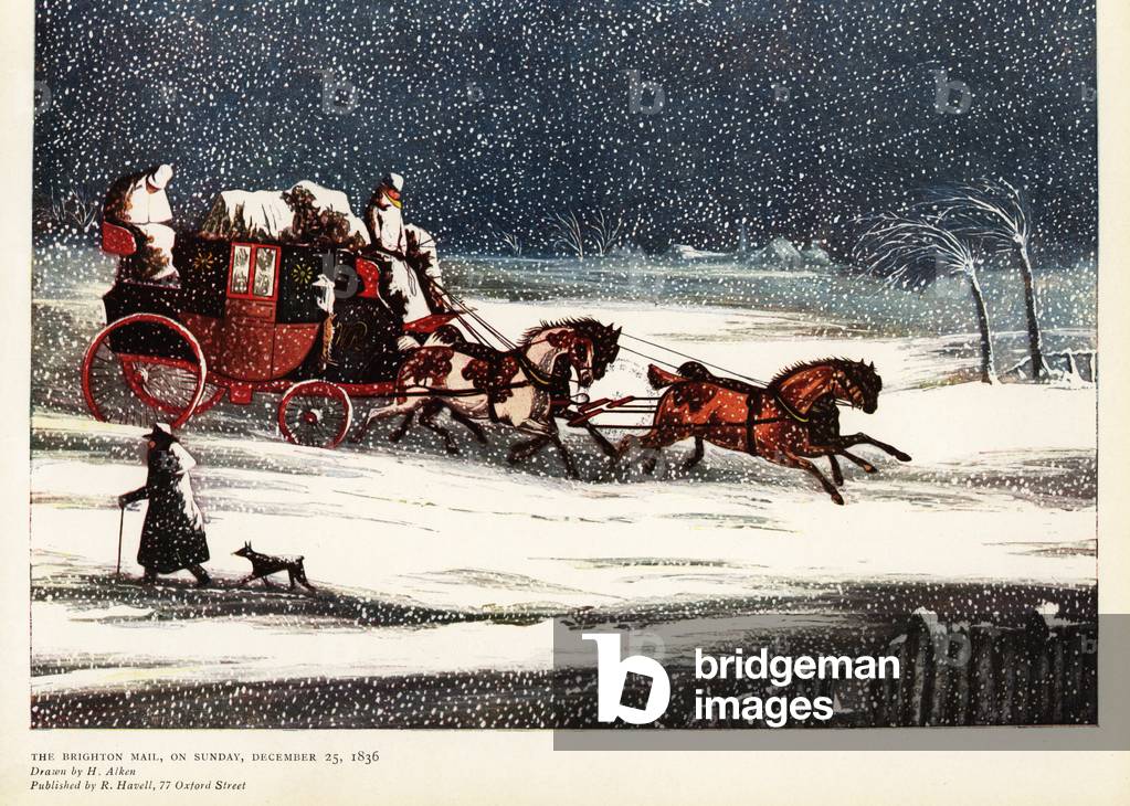 The Brighton mail coach driving in a snow storm on Sunday December 25, 1836. Color print after an illustration by Henry Alken in Ralph Nevill’s Old Sporting Prints, The Connoisseur Magazine, London, 1908.