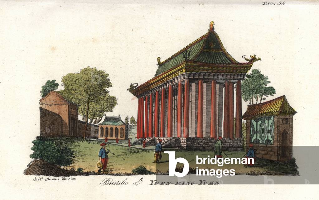 Colonnade or peristyle of Yuanmingyuan pavilion, Peking. Handcoloured copperplate engraving by Andrea Bernieri from Giulio Ferrario's Costumes Antique and Modern of All Peoples (Il Costume Antico e Moderno di Tutti i i Popoli), Florence, 1842.