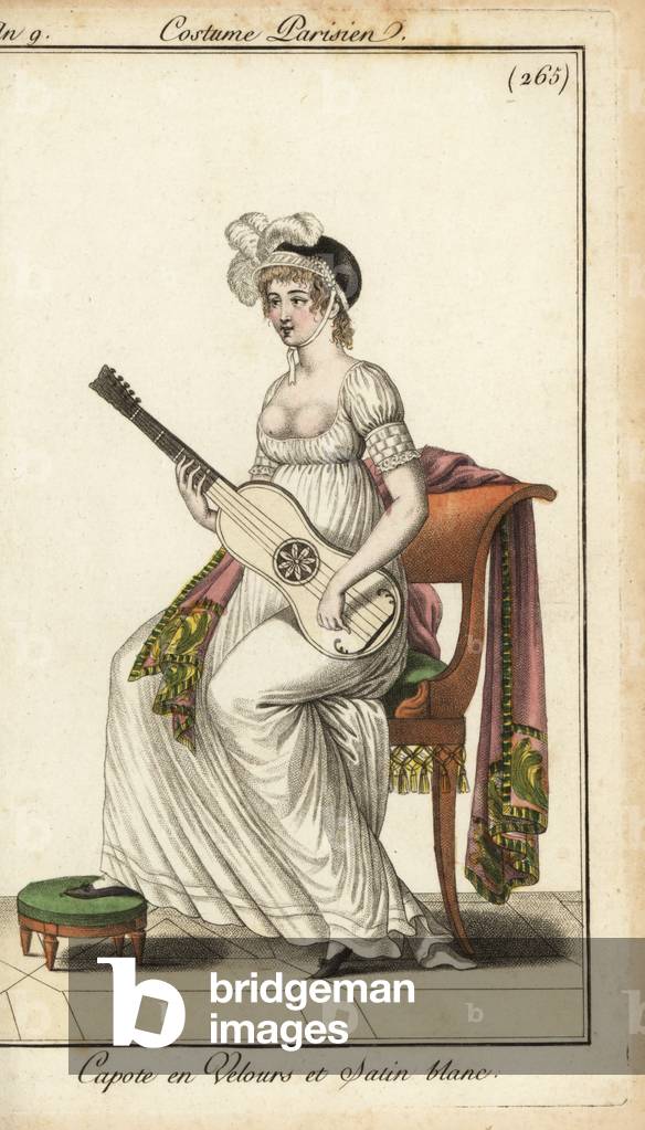 Merveilleuse playing a guitar, 1800 (handcoloured copperplate engraving)