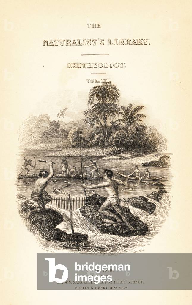 Title page with vignette showing Native Americans fishing with bow and arrow, nets and clubs, on the Essequibo river. Steel engraving by W.H. Lizars after an illustration by James Stewart from Robert Schomburg's Fishes of Guiana, part of Sir William Jardine's Naturalist's Library: Ichthyology, Edinburgh, 1841.