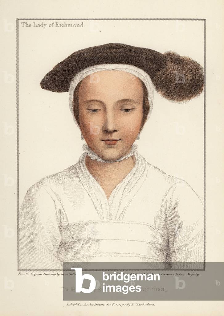 Mary, Lady of Richmond, daughter of Thomas Howard, 3rd Duke of Norfolk. Later Mary FitzRoy, Duchess of Richmond and Somerset, wife of Henry VIII's illegitimate son Henry Fitzroy. Handcoloured copperplate engraving by Francis Bartolozzi after Hans Holbein from Facsimiles of Original Drawings by Hans Holbein, Hamilton, Adams, London, 1884.